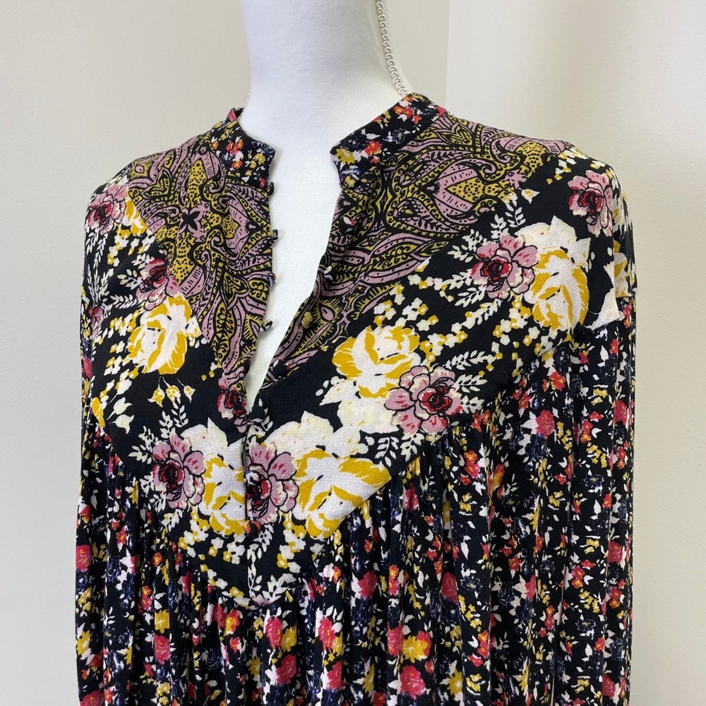 Free People Floral Paisley Mixed Print Tunic Top Black Yellow Red Small Boho - Picture 2 of 13